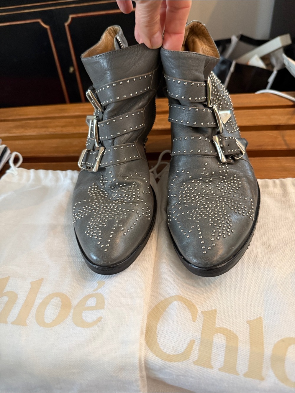 Chloe Gray Leather Studded Buckle Ankle Boots